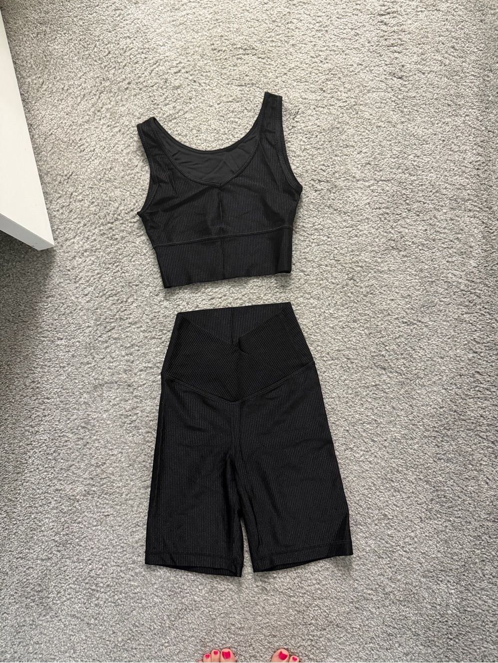 90 Degree By Reflex Black Ribbed High-Waist Biker Shorts with Crop Tank